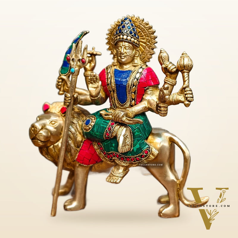 Goddess Durga brass idol with 8 arms sitting on lion with stonework 9 inches