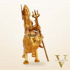 Goddess Durga brass idol with 8 arms sitting on lion with stonework 9 inches