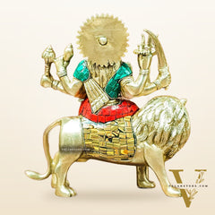 Goddess Durga brass idol with 8 arms sitting on lion with stonework 9 inches with stonework