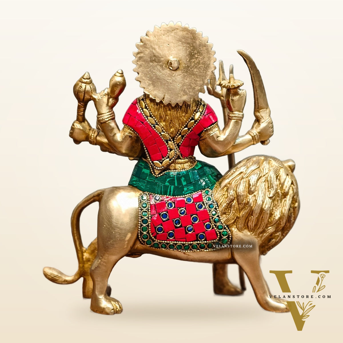 Goddess Durga brass idol with 8 arms sitting on lion with stonework 9 inches