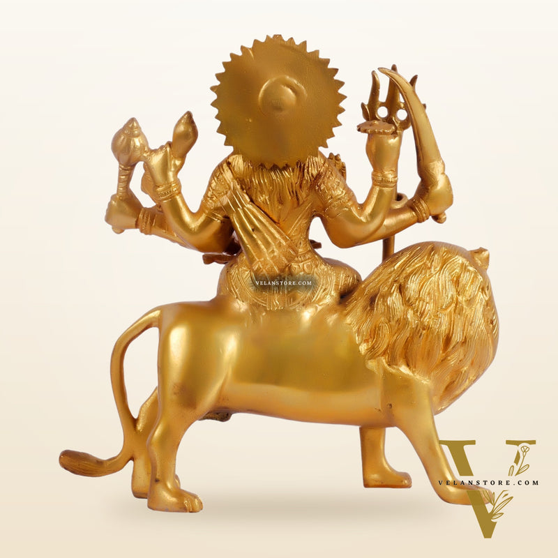 Goddess Durga brass idol with 8 arms sitting on lion with stonework 9 inches