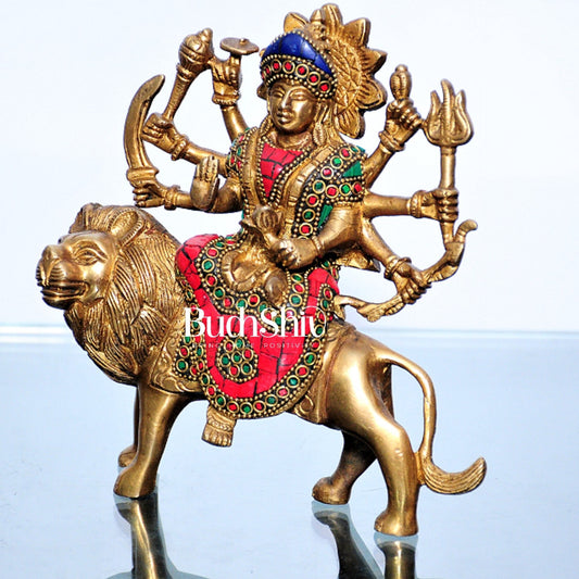 Goddess Durga brass idol with 8 arms sitting on lion with stonework 7.5 inches