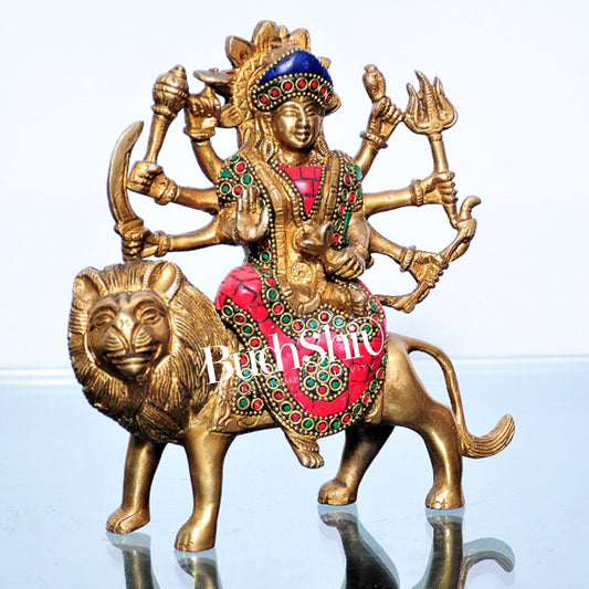 Goddess Durga brass idol with 8 arms sitting on lion with stonework 7.5 inches