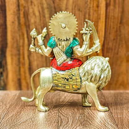 Goddess Durga brass idol with 8 arms sitting on lion with stonework 9 inches with stonework