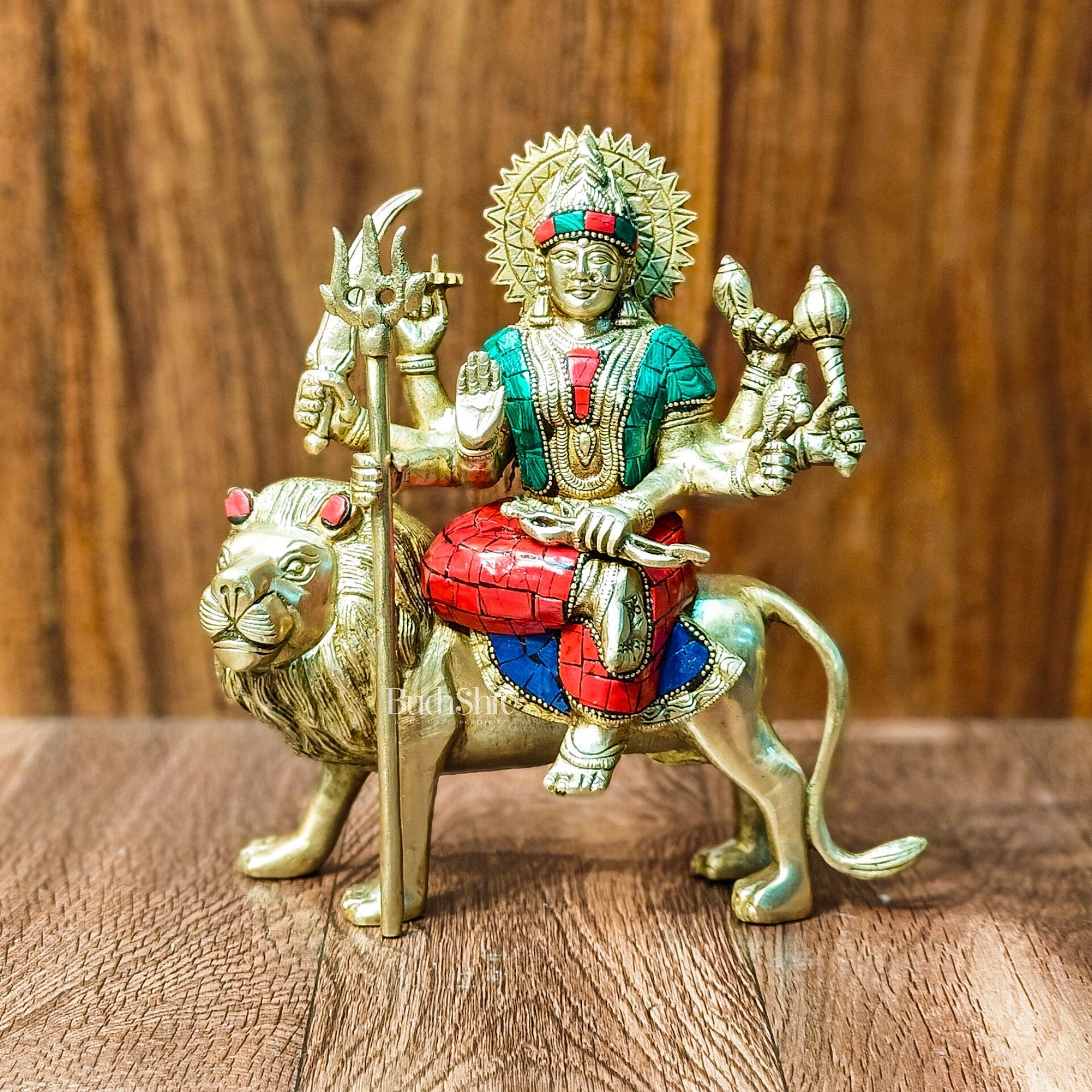 Goddess Durga brass idol with 8 arms sitting on lion with stonework 9 inches with stonework