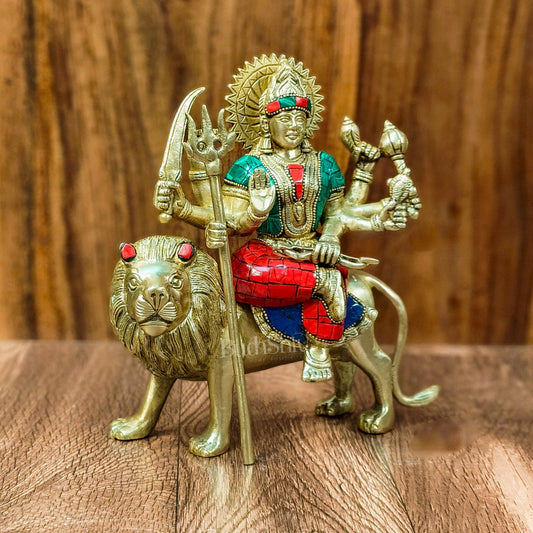 Goddess Durga brass idol with 8 arms sitting on lion with stonework 9 inches with stonework