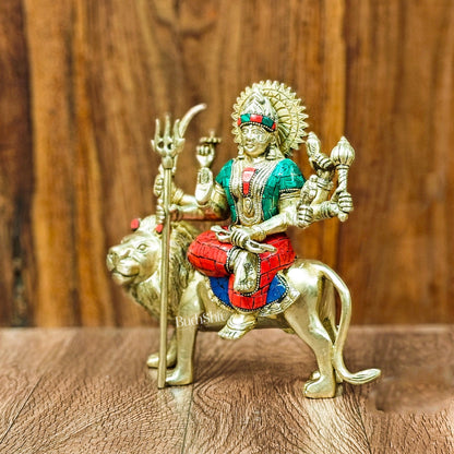 Goddess Durga brass idol with 8 arms sitting on lion with stonework 9 inches with stonework