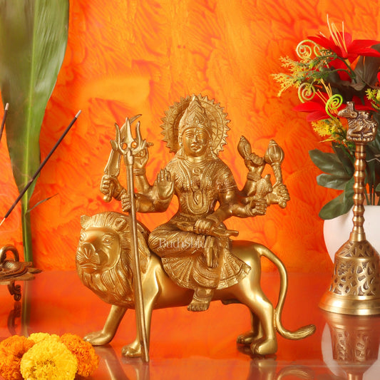 Goddess Durga brass idol with 8 arms sitting on lion with stonework 9 inches