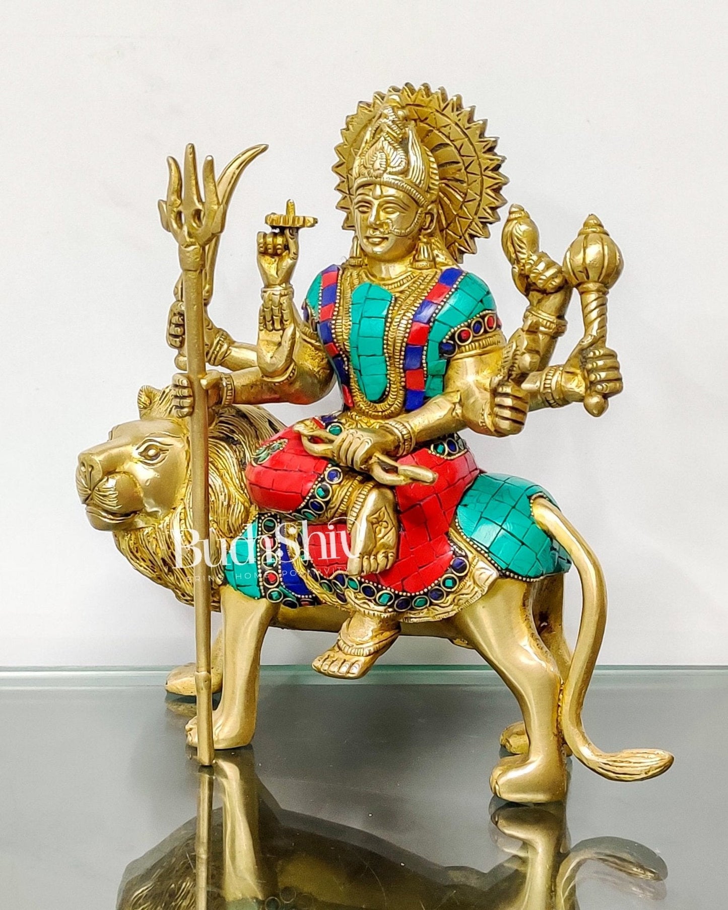 Goddess Durga brass idol with 8 arms sitting on lion with stonework 9 inches