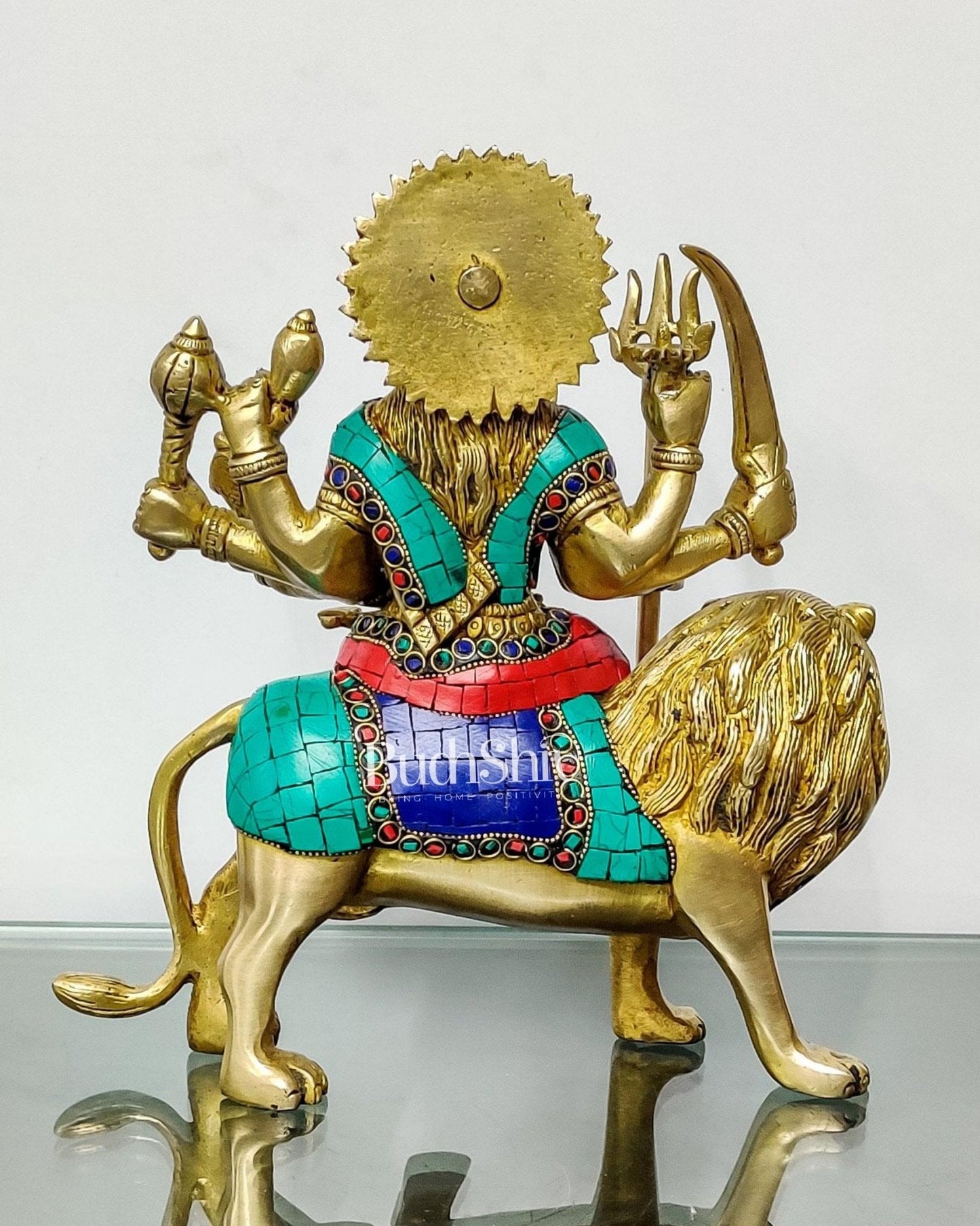 Goddess Durga brass idol with 8 arms sitting on lion with stonework 9 inches