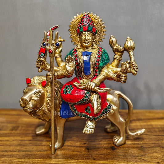 Goddess Durga brass idol with 8 arms sitting on lion with stonework 9 inches