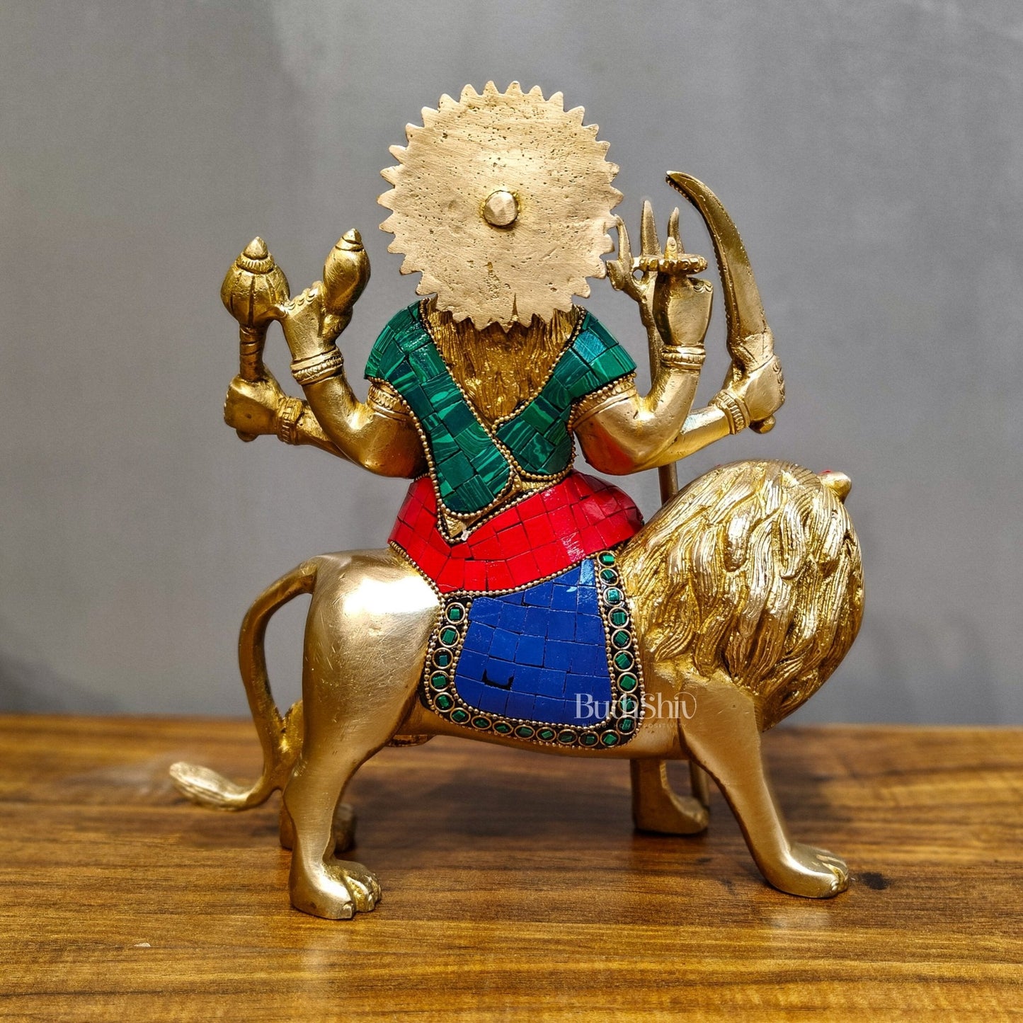 Goddess Durga brass idol with 8 arms sitting on lion with stonework 9 inches