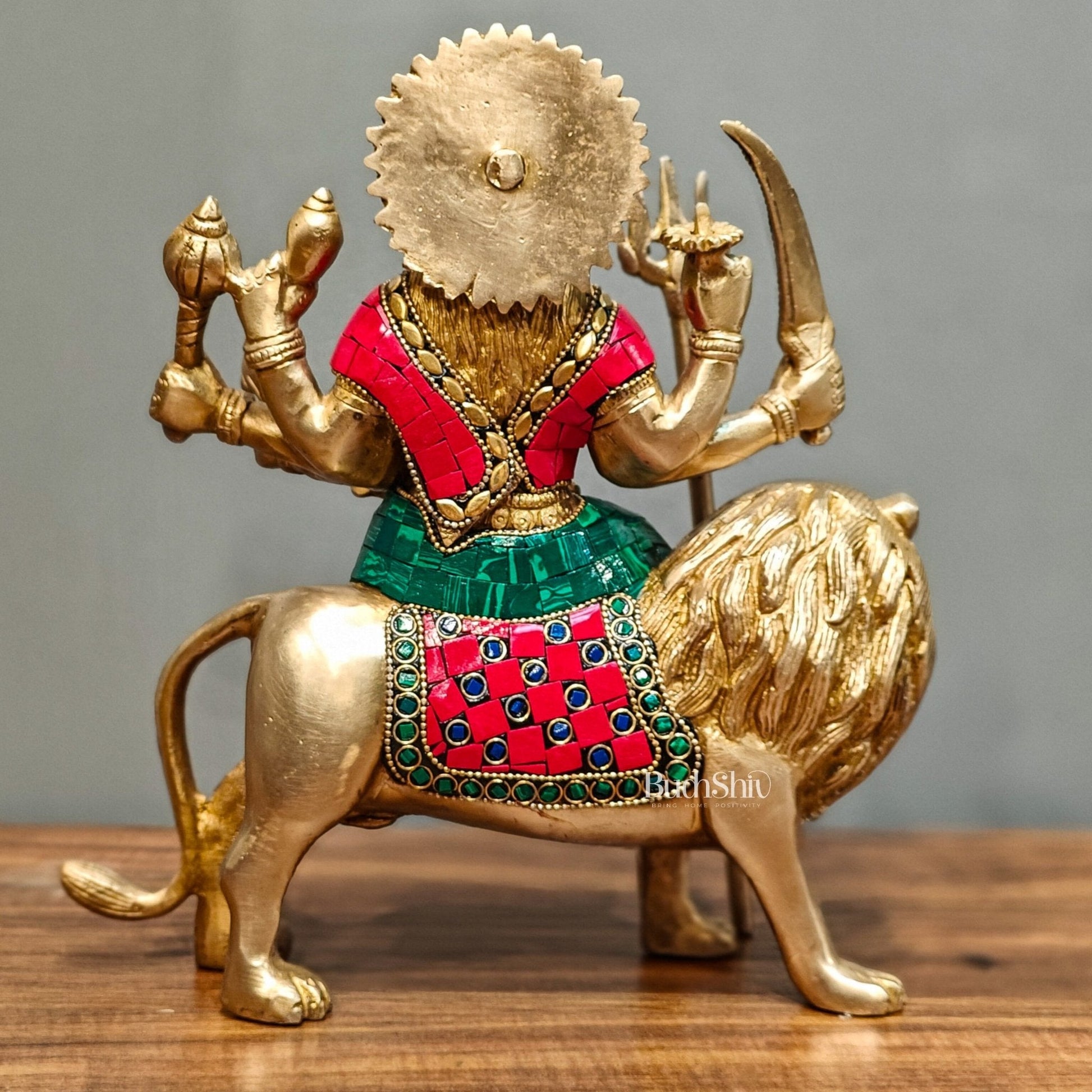 Goddess Durga brass idol with 8 arms sitting on lion with stonework 9 inches