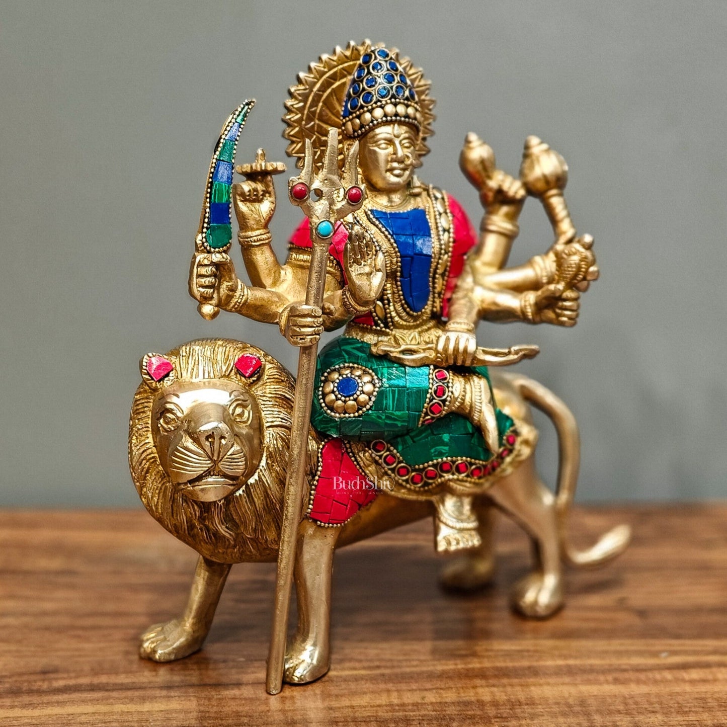 Goddess Durga brass idol with 8 arms sitting on lion with stonework 9 inches