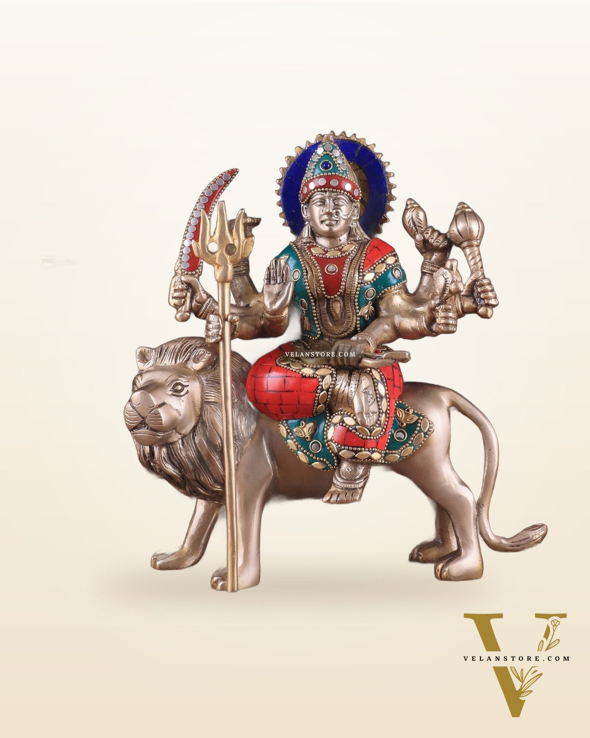 Goddess Durga ma brass idol 9 inch stonework