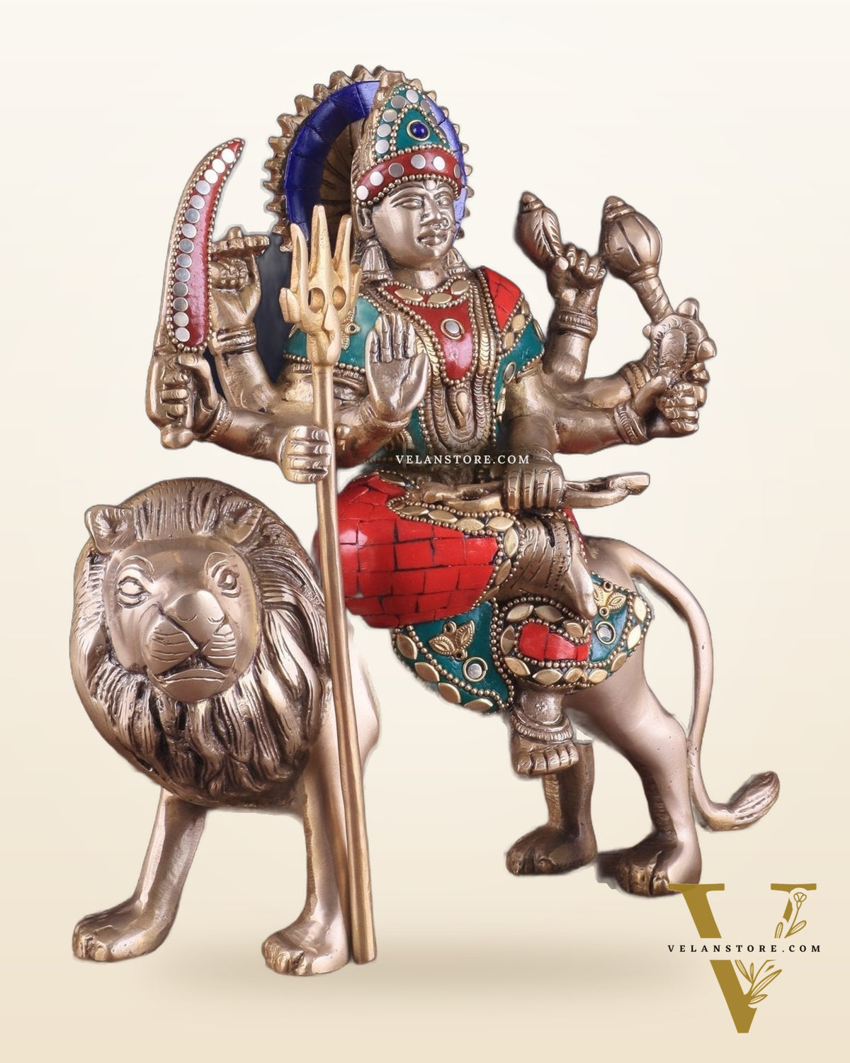 Goddess Durga ma brass idol 9 inch stonework