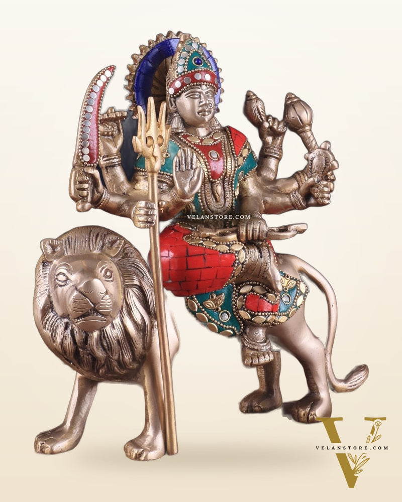 Goddess Durga ma brass idol 9 inch stonework