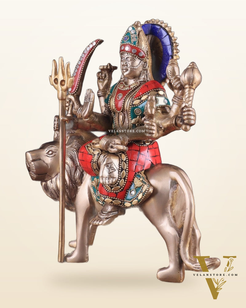 Goddess Durga ma brass idol 9 inch stonework
