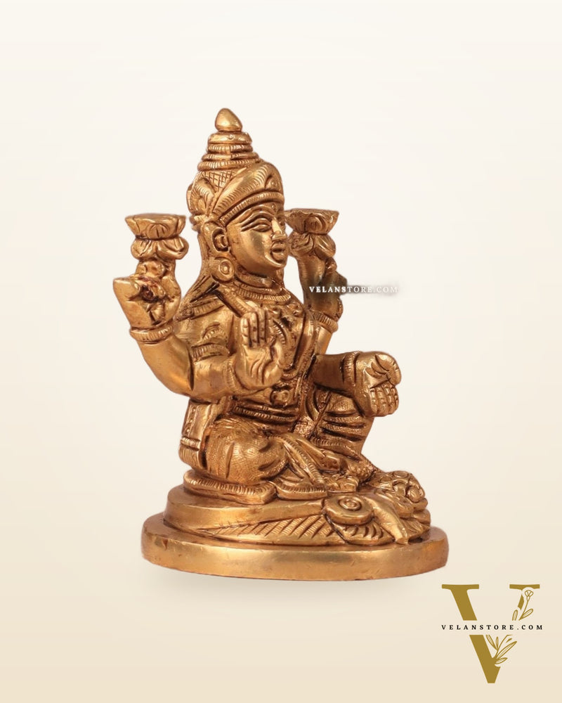 Goddess Lakshmi Seated on Owl - Pure Brass Superfine Idol, 4"
