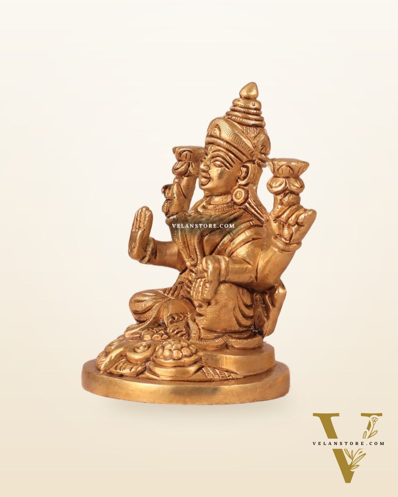 Goddess Lakshmi Seated on Owl - Pure Brass Superfine Idol, 4"