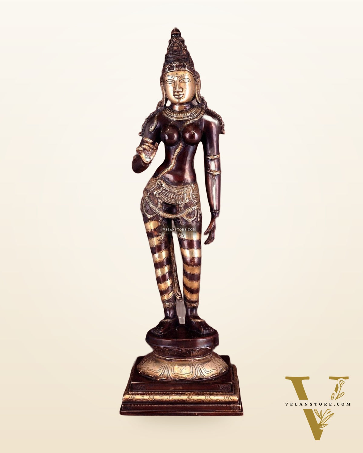 Goddess Parvati Standing Brass Sculpture – 27" Height, Double chola finish