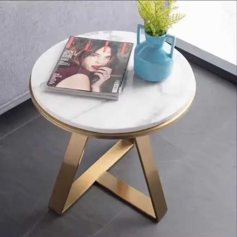 Elysia Side Table | White Marble Top with Gold Frame | Crisscross Base Design | Living Room & Bedroom Use
