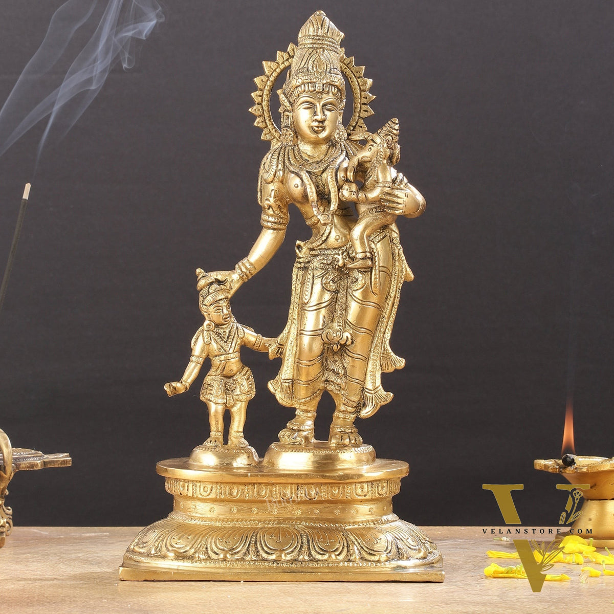 Graceful 11-Inch Brass Goddess Parvati with Ganesha and Kartikeya Statue