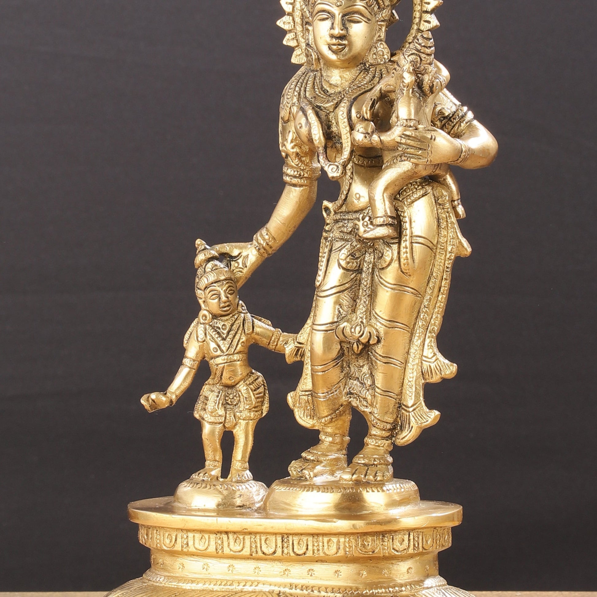 Graceful 11-Inch Brass Goddess Parvati with Ganesha and Kartikeya Statue