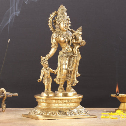 Graceful 11-Inch Brass Goddess Parvati with Ganesha and Kartikeya Statue