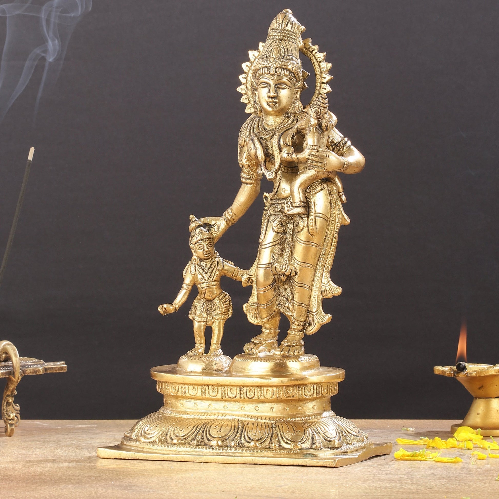 Graceful 11-Inch Brass Goddess Parvati with Ganesha and Kartikeya Statue