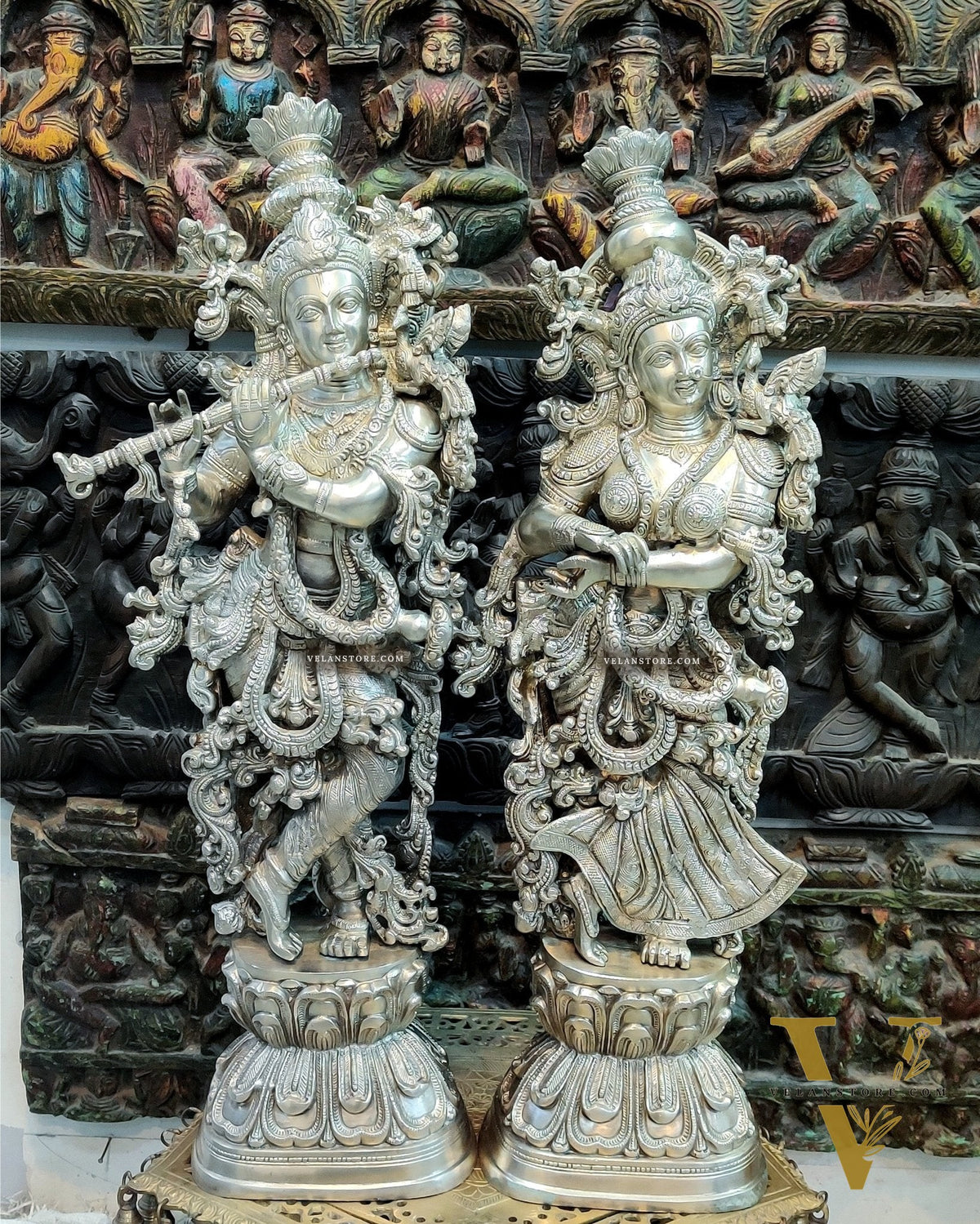 Graceful Silver-Plated Brass Radhakrishna Idols for Home Decor 29"