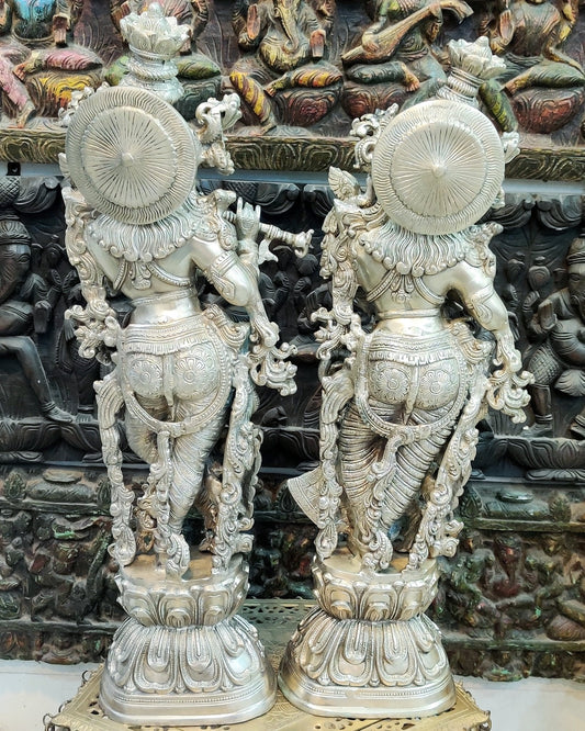 Graceful Silver-Plated Brass Radhakrishna Idols for Home Decor 29"