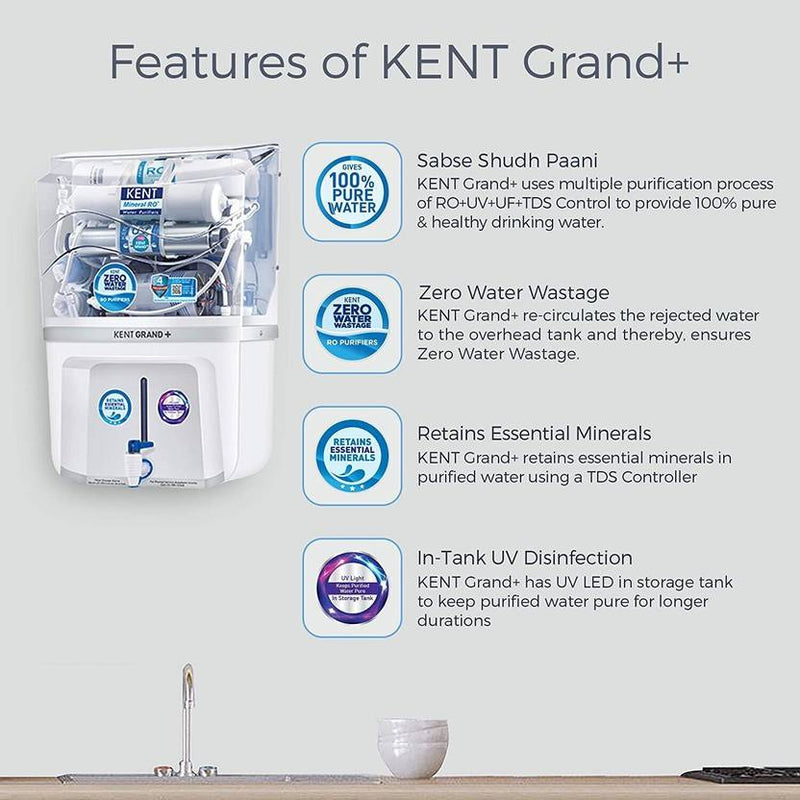 Kent GRAND PLUS ZWW 9 LTR MINERAL RO+UV+UF+TDS CONTROL+ UV LED IN TANK, (WHITE) 20LTR/HR 20 L RO + In-Tank UV + UF + TDS Control Water Purifier-2
