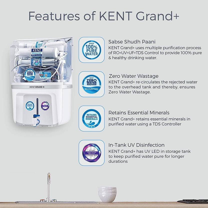 Kent GRAND PLUS ZWW 9 LTR MINERAL RO+UV+UF+TDS CONTROL+ UV LED IN TANK, (WHITE) 20LTR/HR 20 L RO + In-Tank UV + UF + TDS Control Water Purifier-2