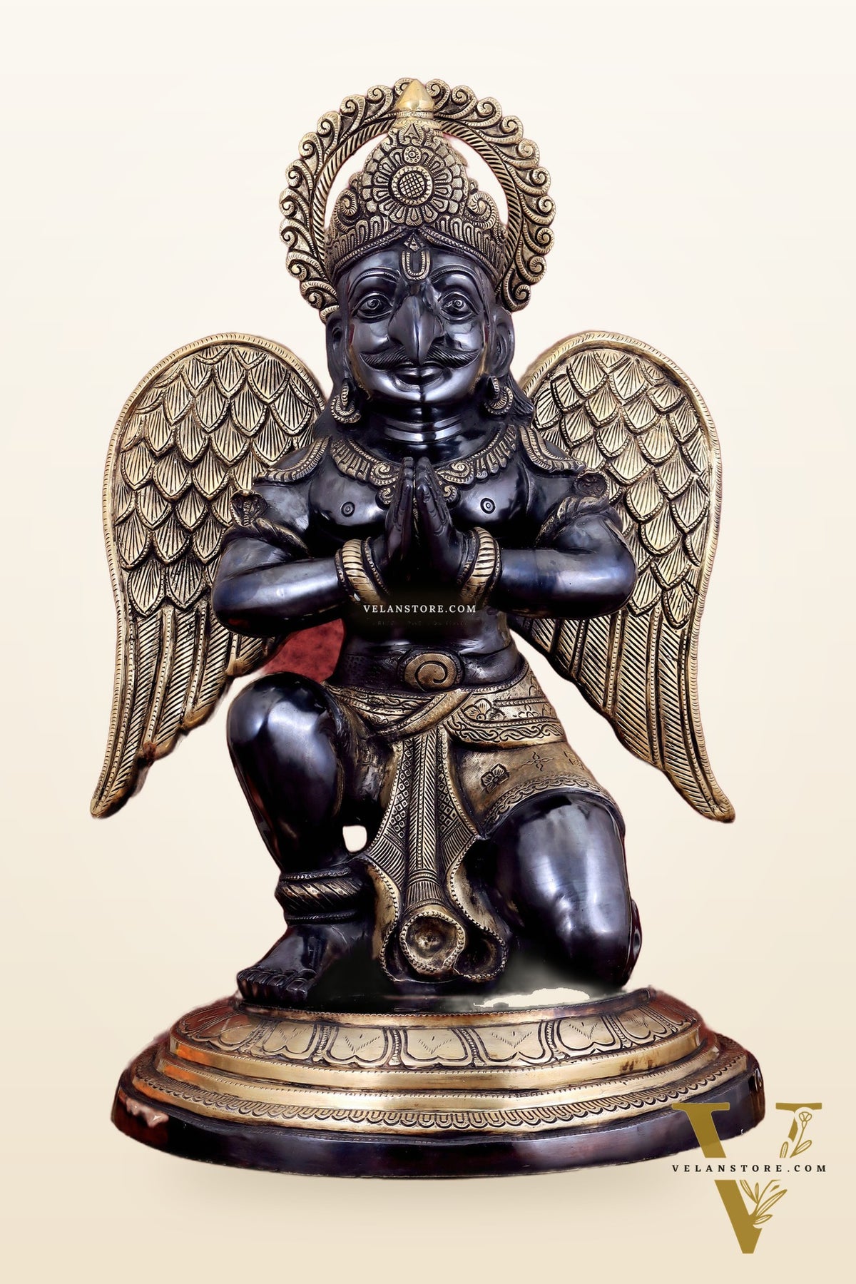 Grand Pure Brass Garuda Sculpture with Heat-Treated Black and Gold Finish - 28"