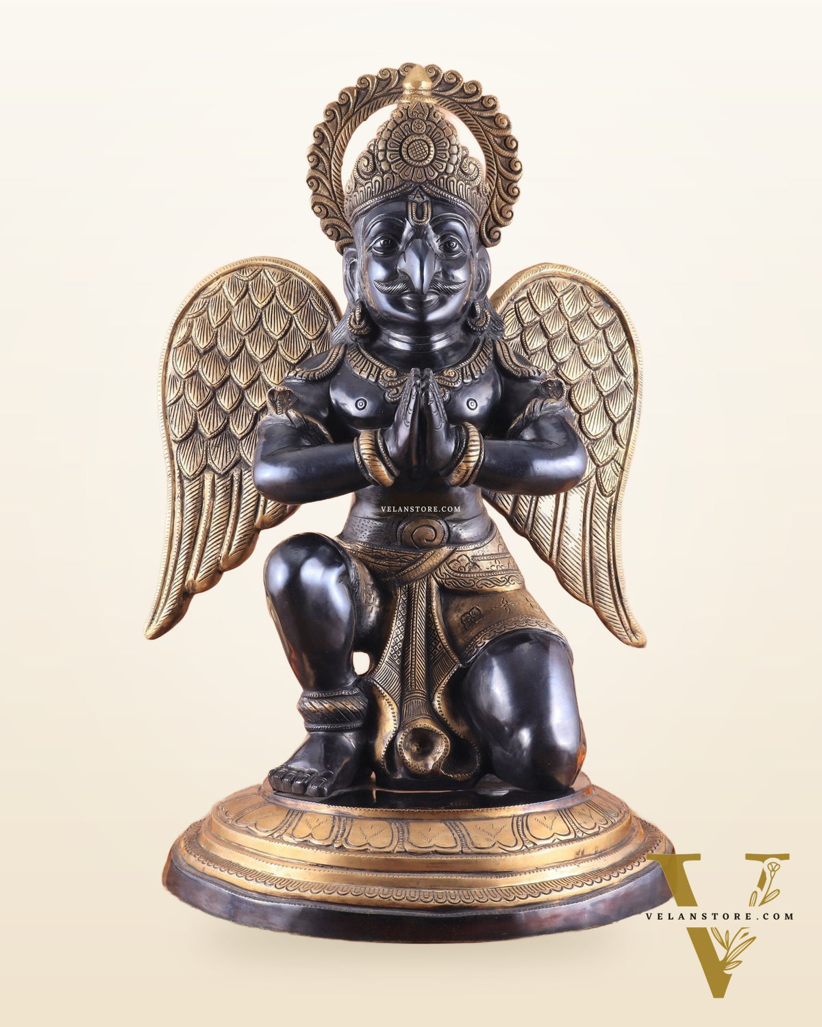 Grand Pure Brass Garuda Sculpture with Heat-Treated Vintage Black and Gold Finish - 28"