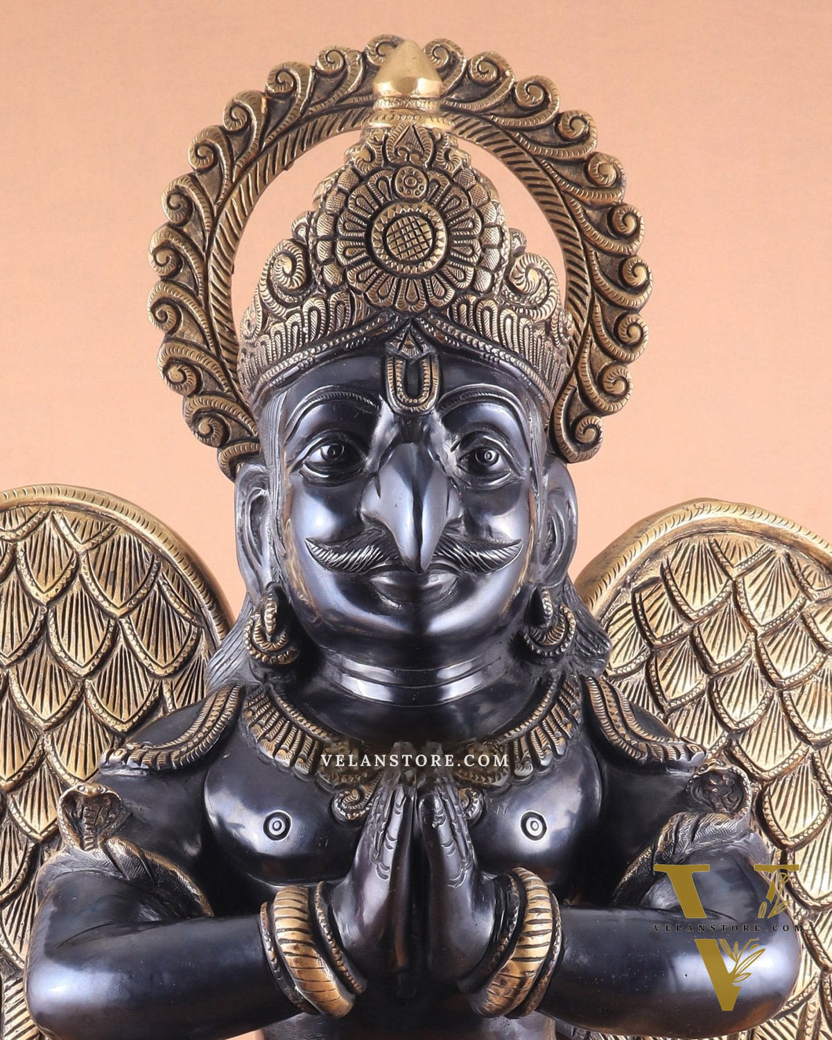 Grand Pure Brass Garuda Sculpture with Heat-Treated Vintage Black and Gold Finish - 28"