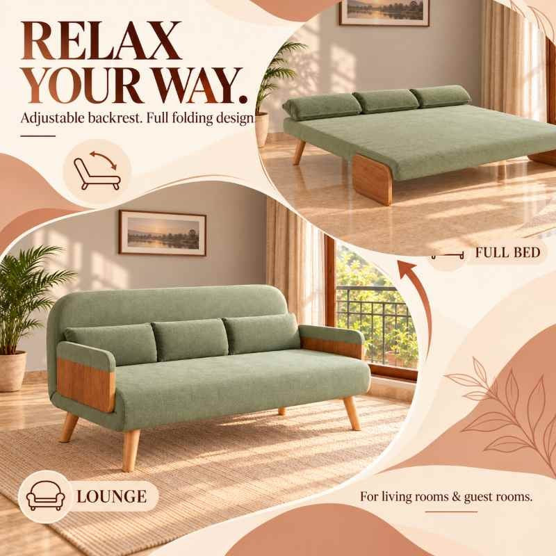 Green 3-Seater Solid Wood Daybed, Full Sofa Bed, Folding Adjustable Sleeper Lounge Chair - Solid Wood Base (Without Side Tray)