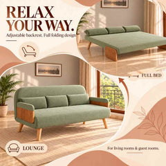 Green 3-Seater Solid Wood Daybed, Full Sofa Bed, Folding Adjustable Sleeper Lounge Chair - Solid Wood Base (Without Side Tray)