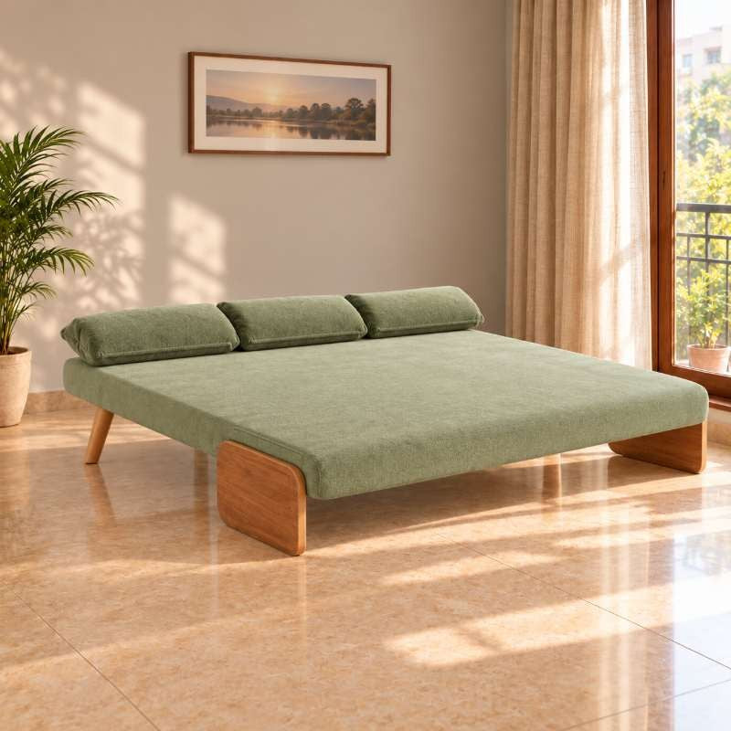 Green 3-Seater Solid Wood Daybed, Full Sofa Bed, Folding Adjustable Sleeper Lounge Chair - Solid Wood Base (Without Side Tray)