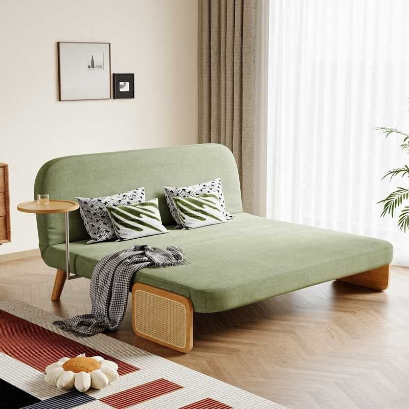 Mid-Century Green Modern Rattan Daybed Full Sofa Cum Bed, 3-Seater Folding & Adjustable Sleeper Longue Chair with Side Tray
