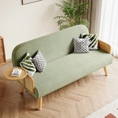 Mid-Century Green Modern Rattan Daybed Full Sofa Cum Bed, 3-Seater Folding & Adjustable Sleeper Longue Chair with Side Tray