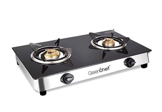 GREENCHEF Brass Glass top Namo 2 Burner Manual Gas Stove (Black)