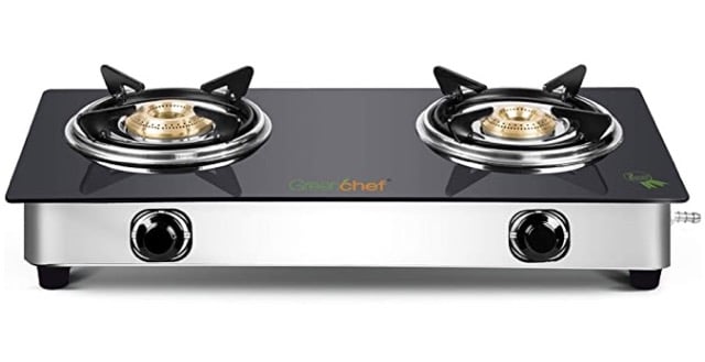 Greenchef Crystal Glass Top Gas Stove, Black (2 Burner) (2 Burner), Manual