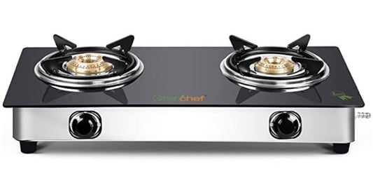 Greenchef Crystal Glass Top Gas Stove, Black (2 Burner) (2 Burner), Manual