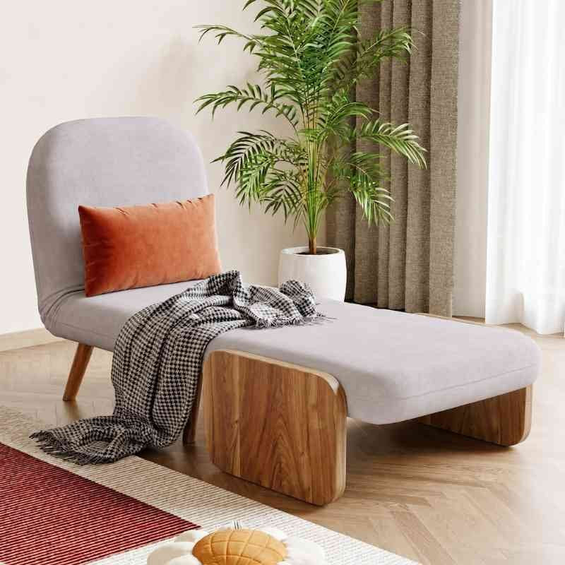 Mid-Century Grey 3-in-1 Convertible Single Seater Sofa Come Bed with Solid Wood Arm Base