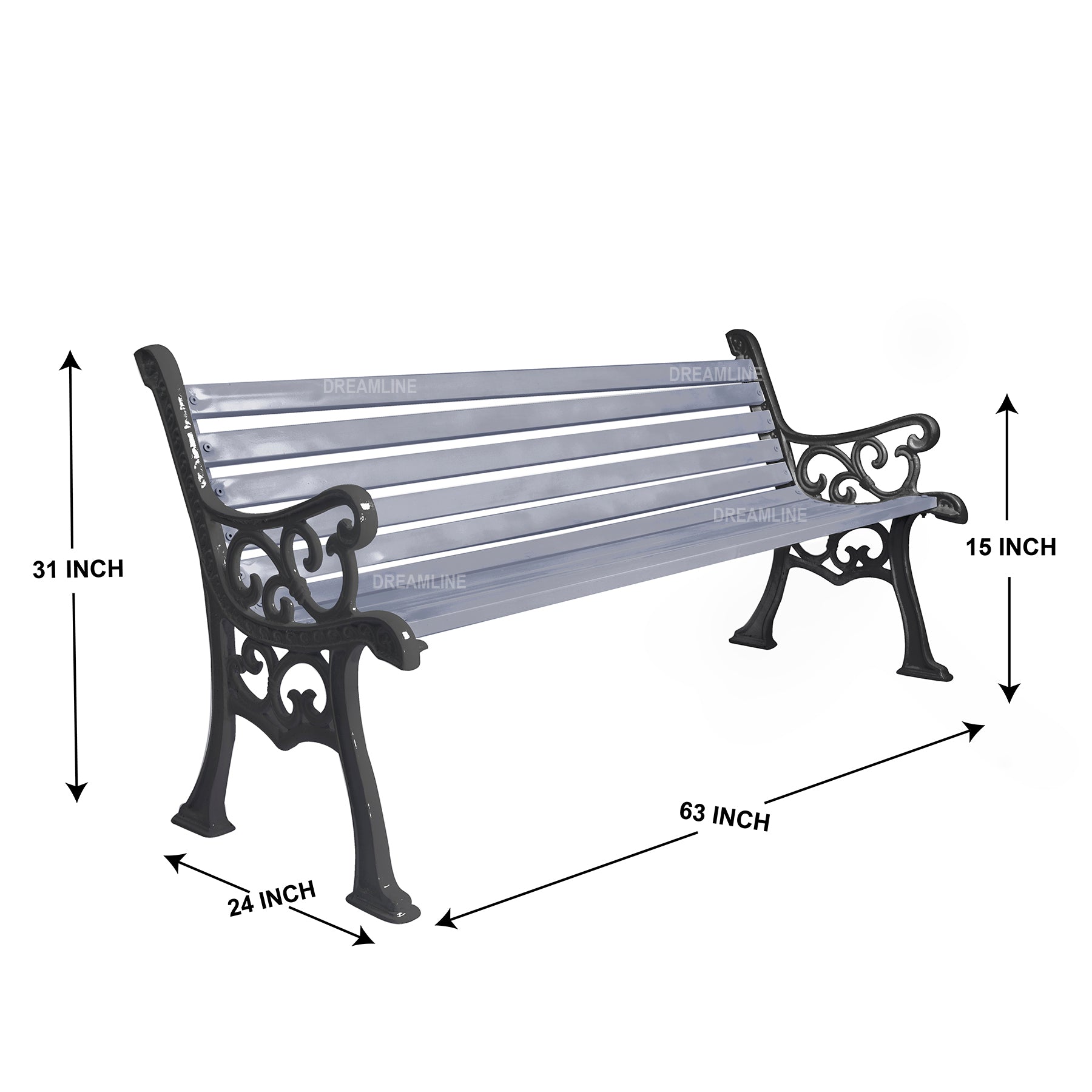 Wick Cast Iron 3 Seater Garden Bench for Outdoor Park - (Black + Grey)