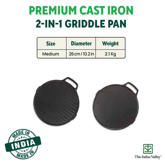 CASTrong Cast Iron 2-in-1 Griddle (Grill Pan + Tawa), Pre-seasoned, 100% Pure, Toxin-free, Induction, Round, 26cm, 2.1 Kg