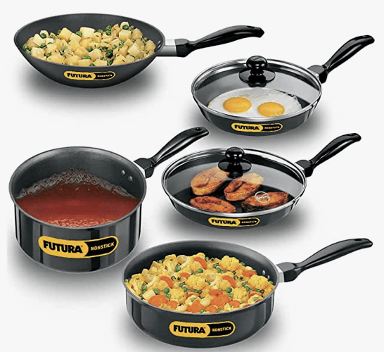 Hawkins Futura 5 Pieces Cookware Set 4 - Non Stick Kadhai, Two Frying Pans, Saucepan, Saute Pan and Two Glass Lids, Black (NSET4)