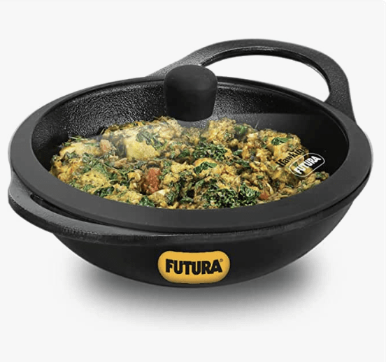 Hawkins Futura 2 Litre Cast Iron Kadhai, Naturally Nonstick Cast Iron Kadai with Glass Lid, Cast Iron Cookware for Kitchen, Black (CIK20G)